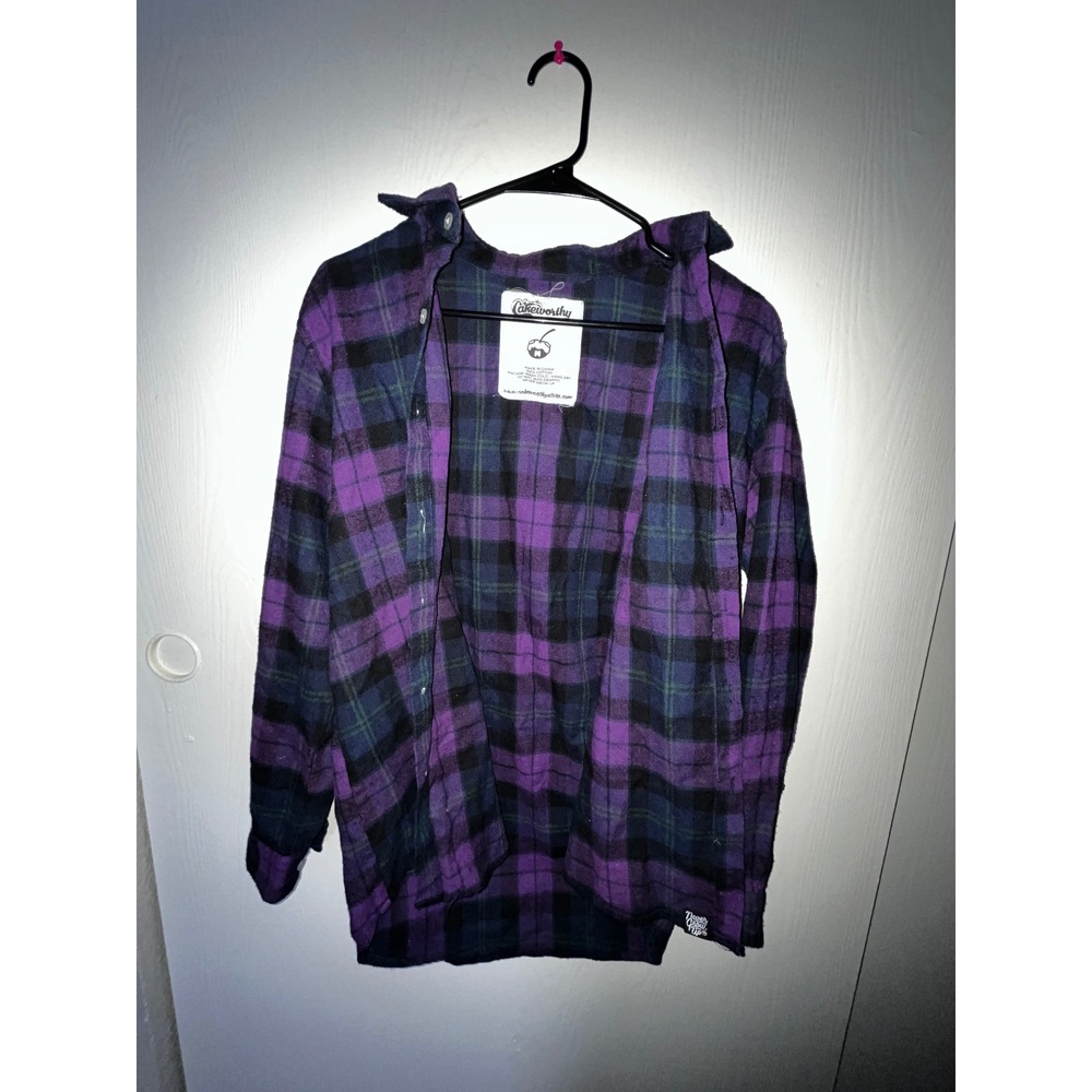Cakeworthy Alice in Wonderland Purple Plaid Flannel Shirt Mens Medium